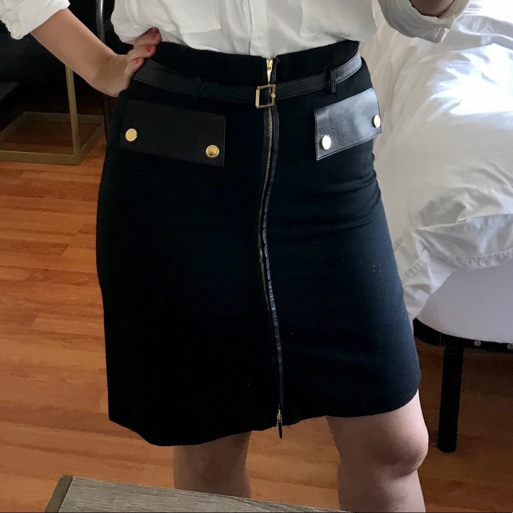 Gucci black zip up skirt leather trim and gold